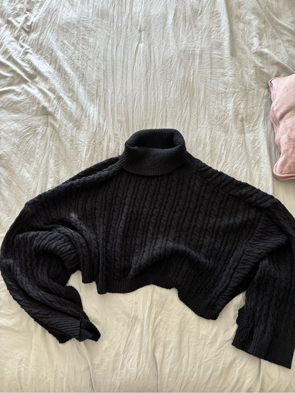 Black Cropped Cable-Knit Turtleneck Poncho/Shawl Sweater